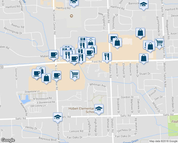 map of restaurants, bars, coffee shops, grocery stores, and more near 44547 Savery Drive in Canton