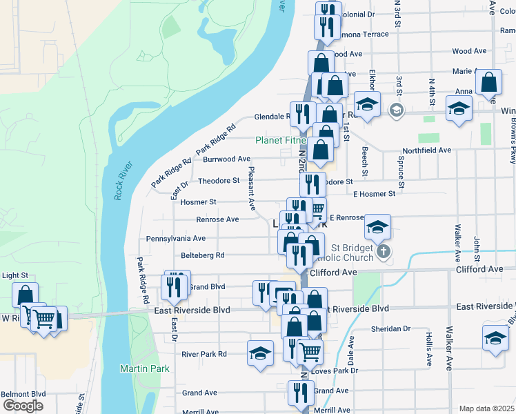 map of restaurants, bars, coffee shops, grocery stores, and more near 6209 Pleasant Avenue in Loves Park
