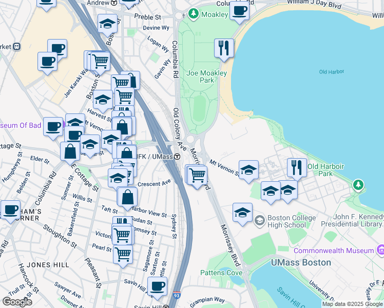 map of restaurants, bars, coffee shops, grocery stores, and more near 560 Morrissey Boulevard in Boston