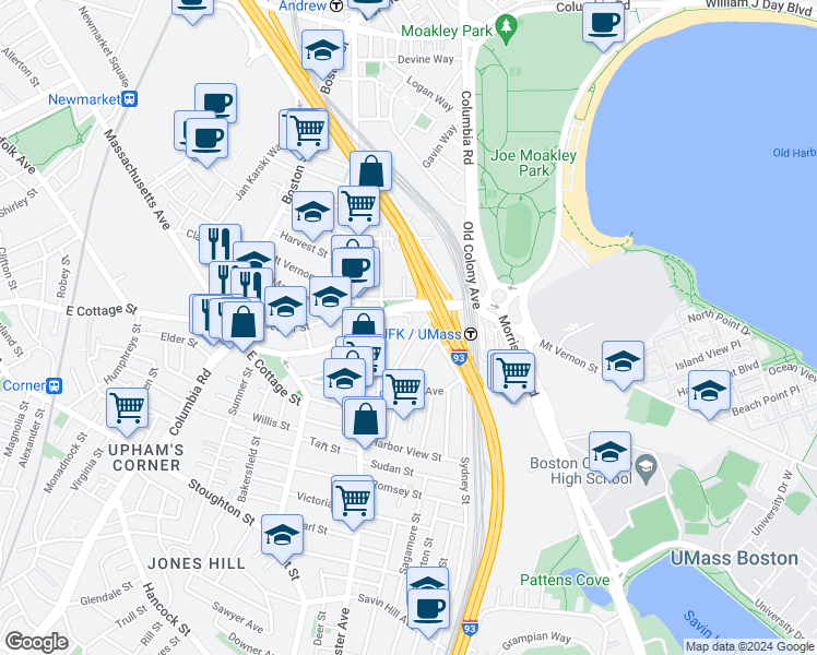 map of restaurants, bars, coffee shops, grocery stores, and more near 839 Columbia Road in Boston