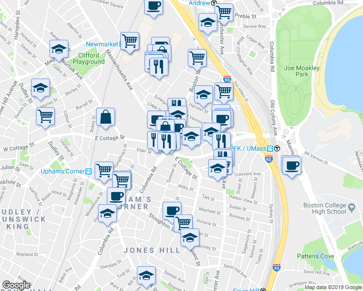 map of restaurants, bars, coffee shops, grocery stores, and more near 19 Roseclair Street in Boston