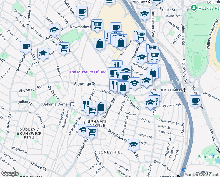 map of restaurants, bars, coffee shops, grocery stores, and more near 154 East Cottage Street in Boston