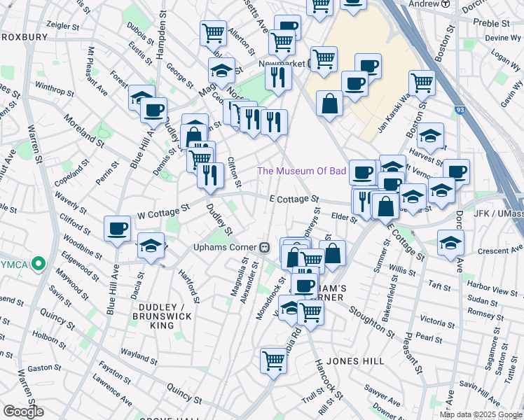 map of restaurants, bars, coffee shops, grocery stores, and more near 90-92 Robey Street in Boston