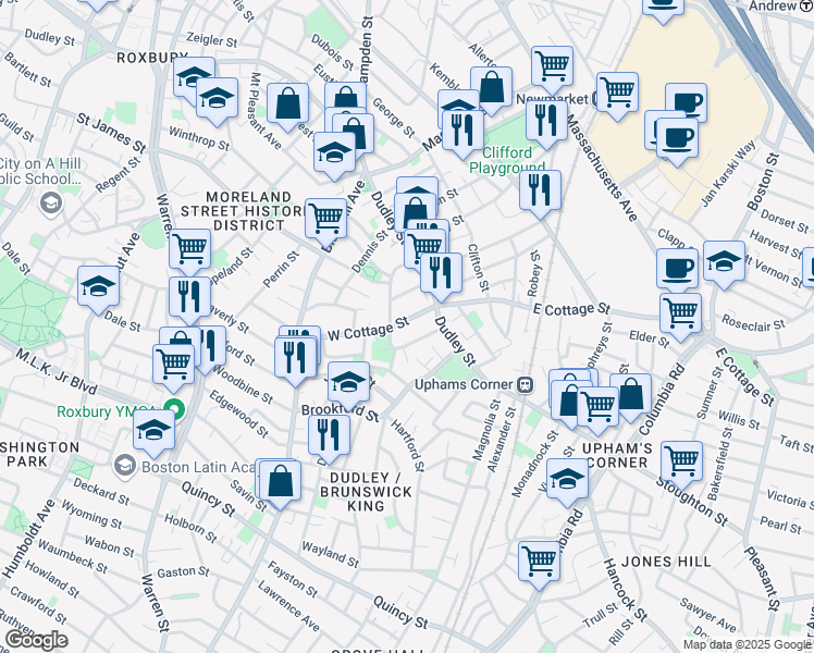 map of restaurants, bars, coffee shops, grocery stores, and more near 14 West Cottage Street in Boston