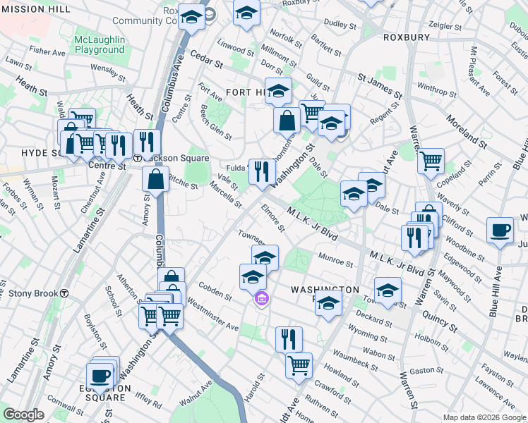 map of restaurants, bars, coffee shops, grocery stores, and more near 2830 Washington Street in Boston