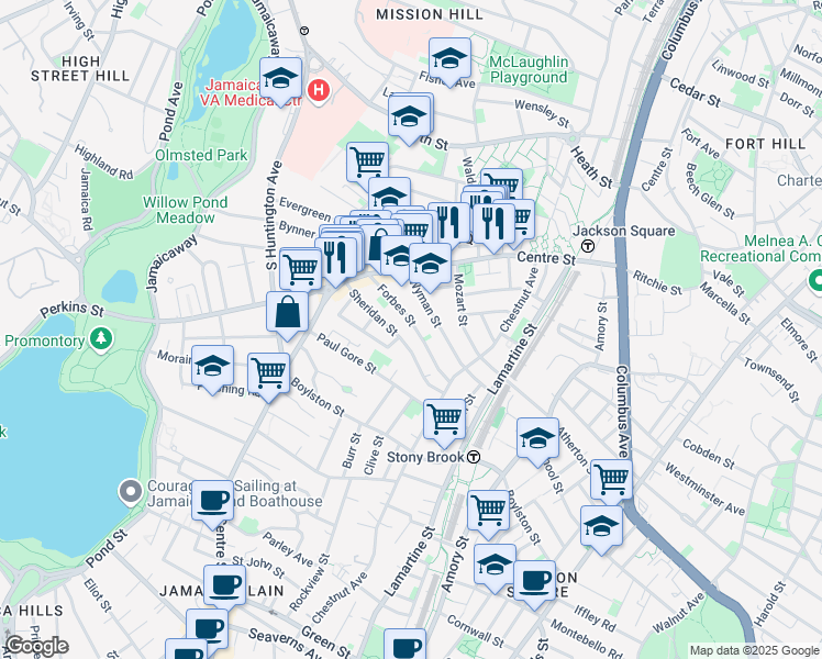 map of restaurants, bars, coffee shops, grocery stores, and more near 47 Wyman Street in Boston