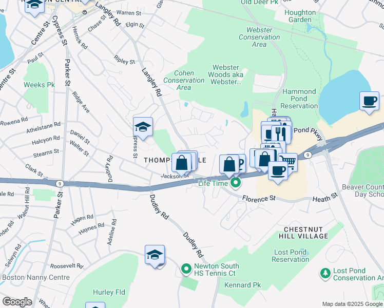 map of restaurants, bars, coffee shops, grocery stores, and more near 373 Langley Road in Newton