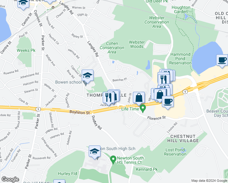 map of restaurants, bars, coffee shops, grocery stores, and more near 373 Langley Road in Newton