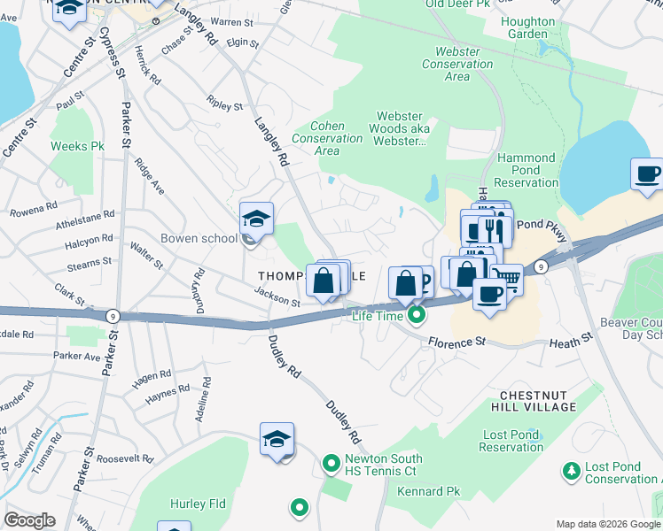 map of restaurants, bars, coffee shops, grocery stores, and more near 373 Langley Road in Newton