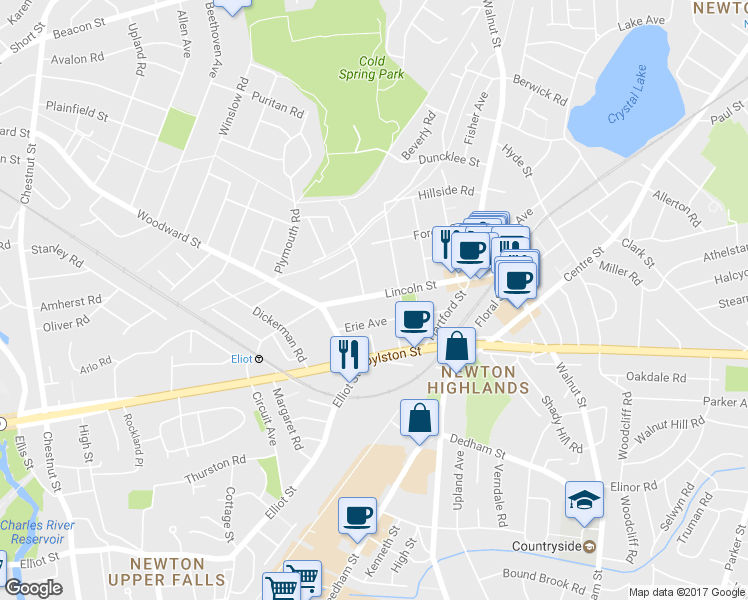 map of restaurants, bars, coffee shops, grocery stores, and more near in Newton