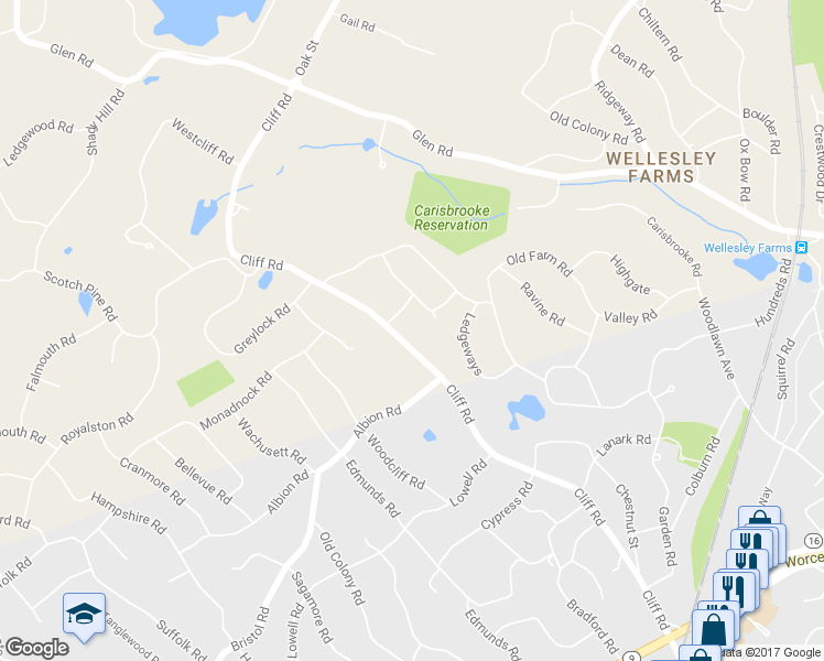 map of restaurants, bars, coffee shops, grocery stores, and more near 171 Cliff Road in Wellesley
