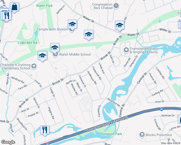 map of restaurants, bars, coffee shops, grocery stores, and more near 2 Anderson Road in Framingham