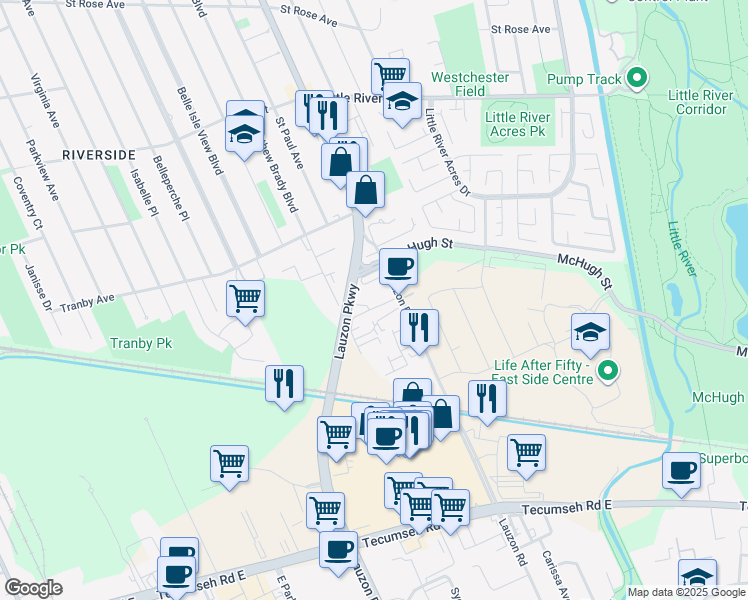 map of restaurants, bars, coffee shops, grocery stores, and more near 1485 Lauzon Road in Windsor