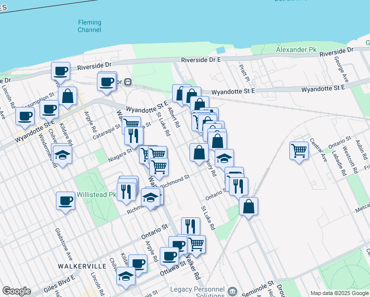 map of restaurants, bars, coffee shops, grocery stores, and more near 995 Albert Road in Windsor