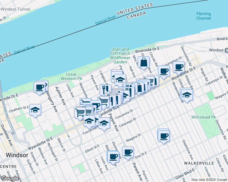 map of restaurants, bars, coffee shops, grocery stores, and more near 400 Langlois Avenue in Windsor