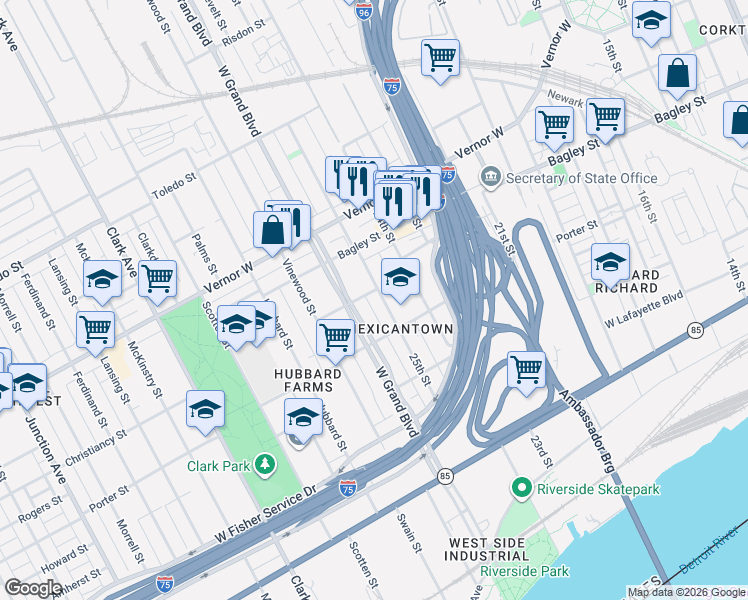 map of restaurants, bars, coffee shops, grocery stores, and more near 1489 25th Street in Detroit