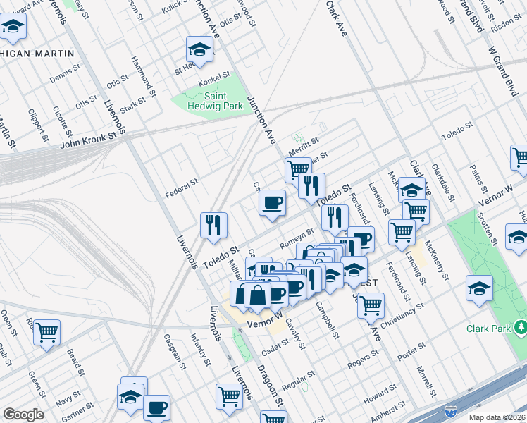 map of restaurants, bars, coffee shops, grocery stores, and more near 2398 Manson Street in Detroit