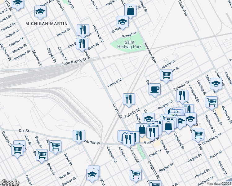 map of restaurants, bars, coffee shops, grocery stores, and more near 2579 Military Street in Detroit