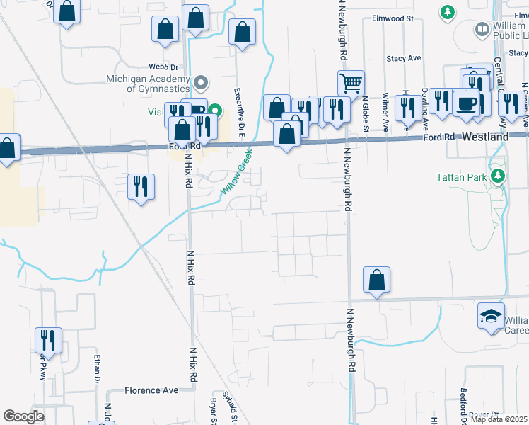 map of restaurants, bars, coffee shops, grocery stores, and more near 38036 Sherwood Street in Westland