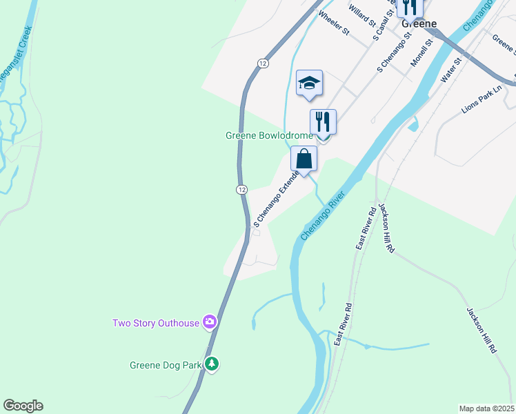 map of restaurants, bars, coffee shops, grocery stores, and more near 117 South Chenango Street in Greene