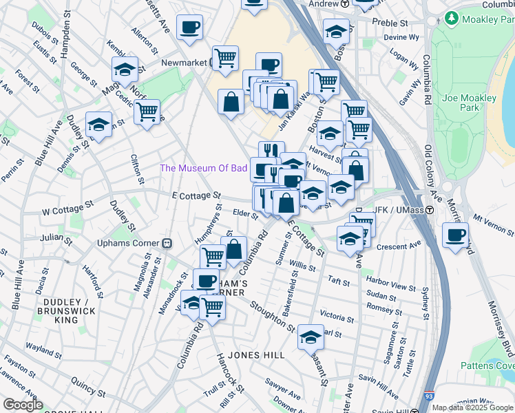 map of restaurants, bars, coffee shops, grocery stores, and more near 151 East Cottage Street in Boston