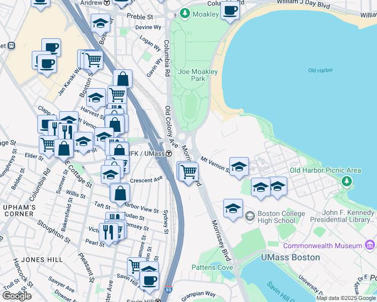 map of restaurants, bars, coffee shops, grocery stores, and more near 560 Morrissey Boulevard in Boston