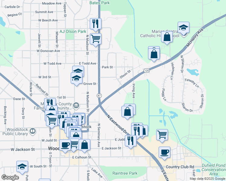 map of restaurants, bars, coffee shops, grocery stores, and more near 367 McHenry Avenue in Woodstock