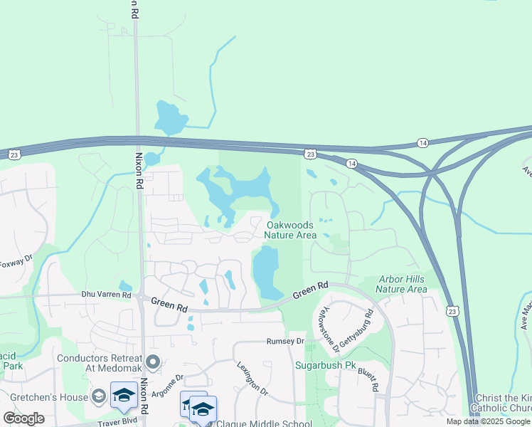 map of restaurants, bars, coffee shops, grocery stores, and more near 3065 Barclay Way in Ann Arbor