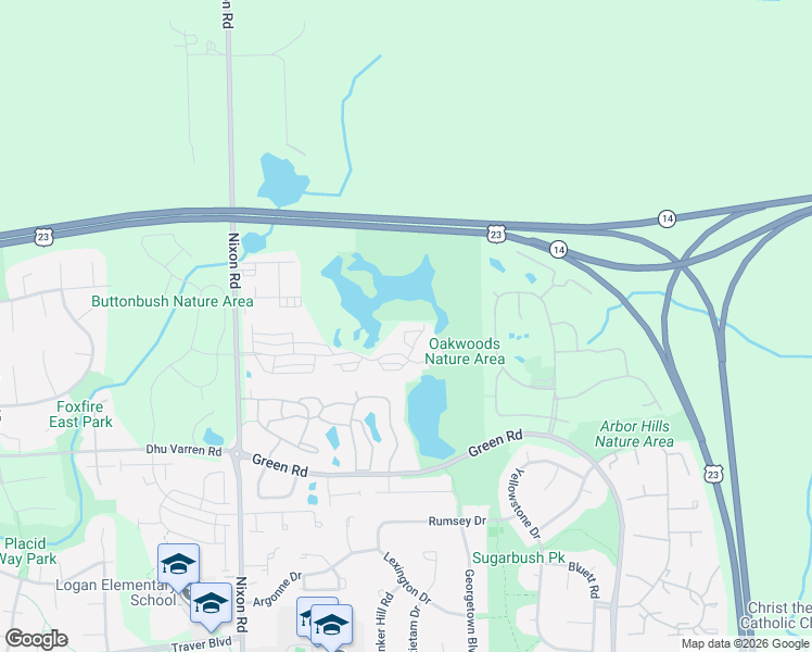 map of restaurants, bars, coffee shops, grocery stores, and more near 3035 Barclay Way in Ann Arbor