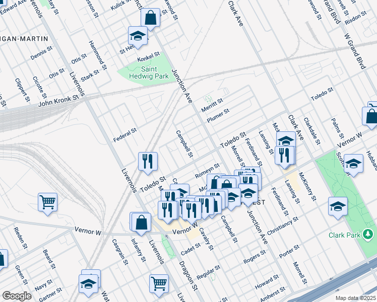 map of restaurants, bars, coffee shops, grocery stores, and more near 2354 Campbell St in Detroit