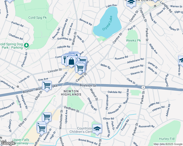 map of restaurants, bars, coffee shops, grocery stores, and more near 11 Aberdeen Street in Newton