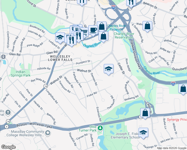 map of restaurants, bars, coffee shops, grocery stores, and more near 11 Hunting Street in Wellesley