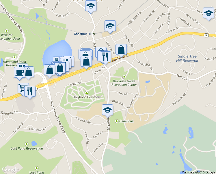 map of restaurants, bars, coffee shops, grocery stores, and more near 676 Hammond Street in Brookline