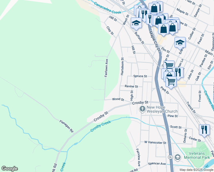 map of restaurants, bars, coffee shops, grocery stores, and more near 4 Fairlawn Avenue in Hornell