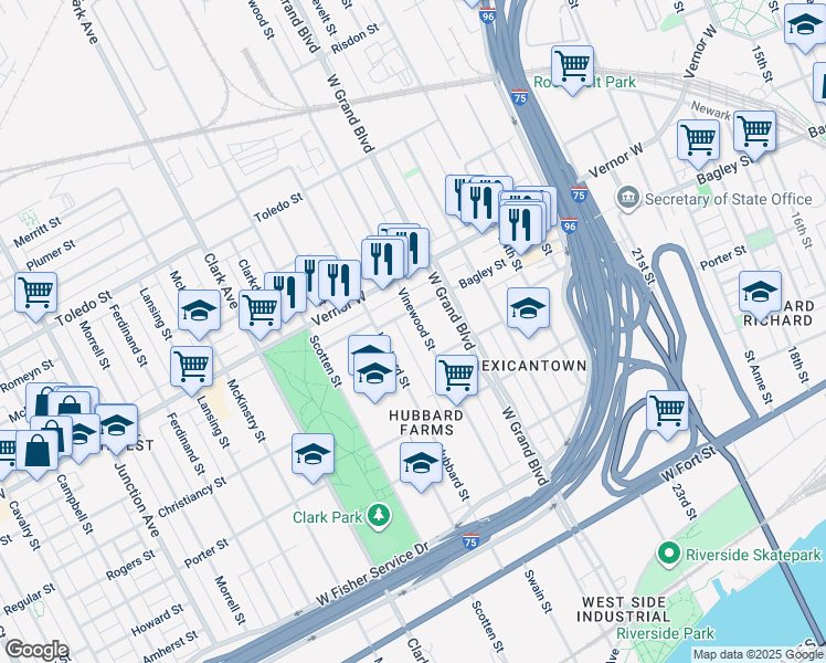 map of restaurants, bars, coffee shops, grocery stores, and more near 1569 Vinewood Street in Detroit