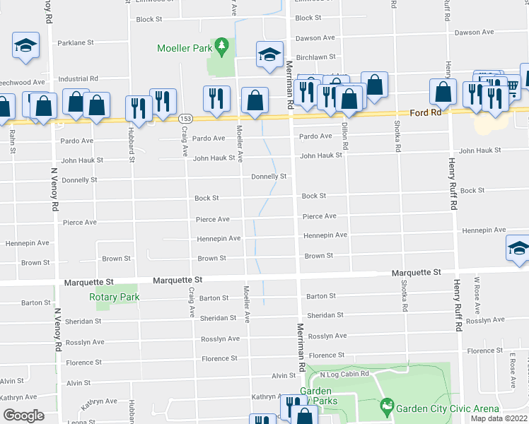 map of restaurants, bars, coffee shops, grocery stores, and more near 31506 Pierce Street in Garden City