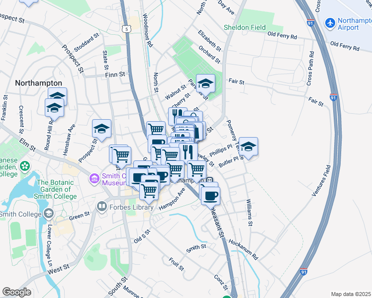 map of restaurants, bars, coffee shops, grocery stores, and more near 5 Market Street in Northampton