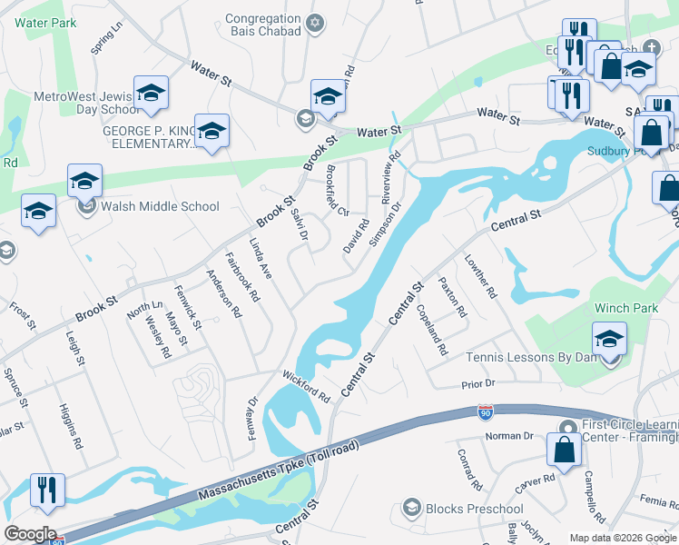 map of restaurants, bars, coffee shops, grocery stores, and more near 93 Simpson Drive in Framingham