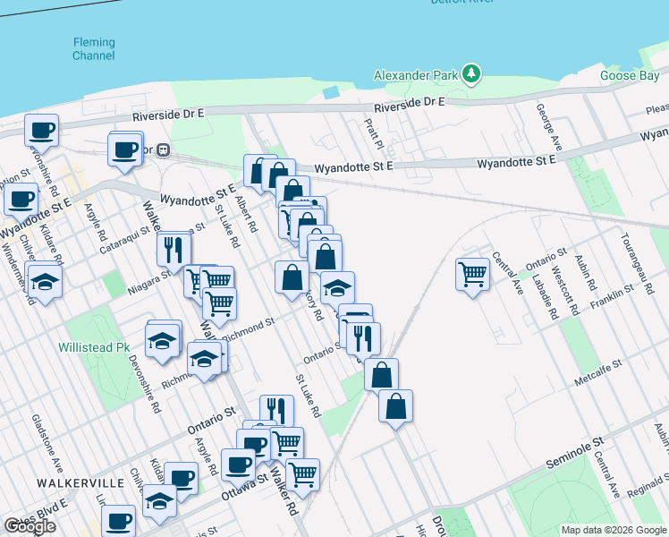 map of restaurants, bars, coffee shops, grocery stores, and more near 1063 Henry Ford Centre Drive in Windsor