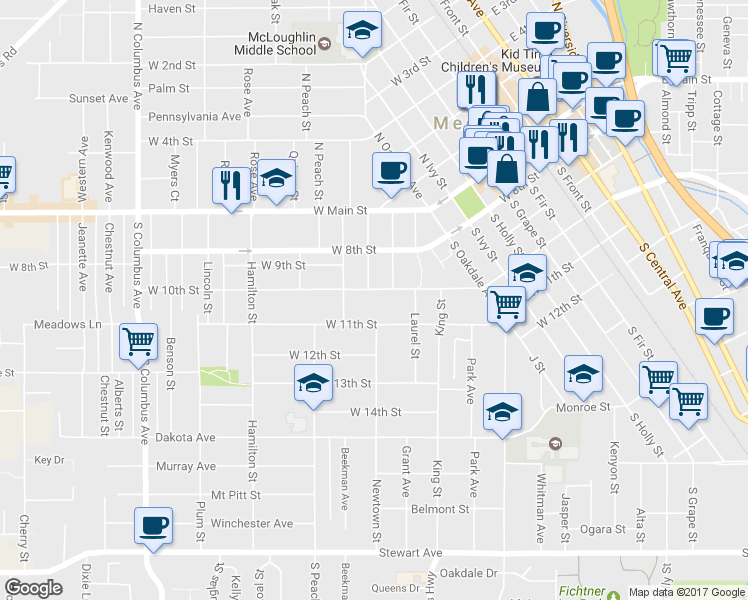 map of restaurants, bars, coffee shops, grocery stores, and more near 811 West 10th Street in Central Point