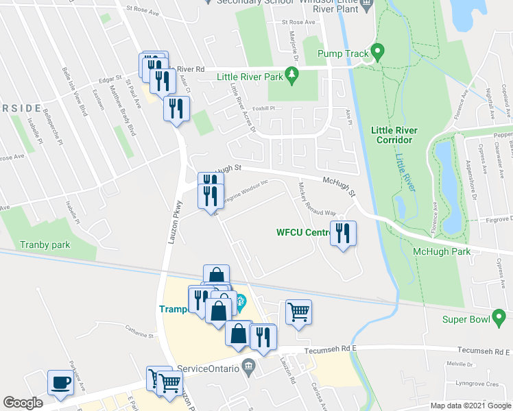 map of restaurants, bars, coffee shops, grocery stores, and more near Peregrine Windsor Inc in Windsor