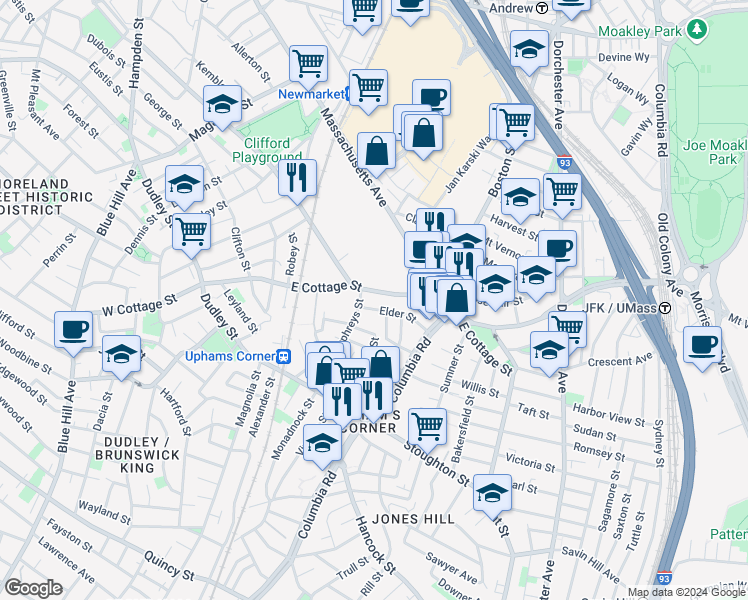 map of restaurants, bars, coffee shops, grocery stores, and more near in Boston