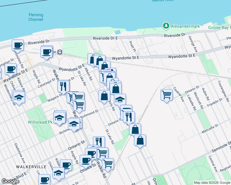 map of restaurants, bars, coffee shops, grocery stores, and more near 1044 Drouillard Road in Windsor