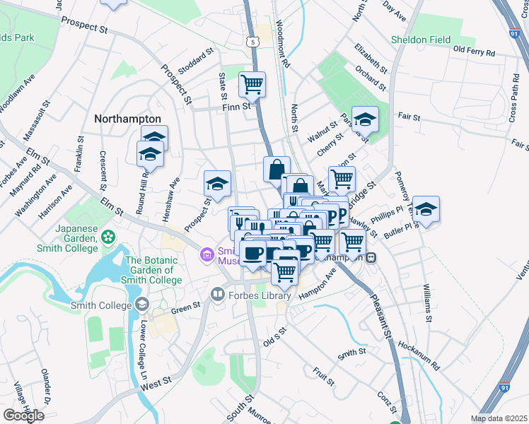 map of restaurants, bars, coffee shops, grocery stores, and more near 64 Gothic Street in Northampton