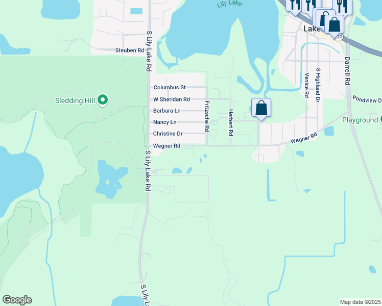 map of restaurants, bars, coffee shops, grocery stores, and more near 613 Wegner Road in Lakemoor