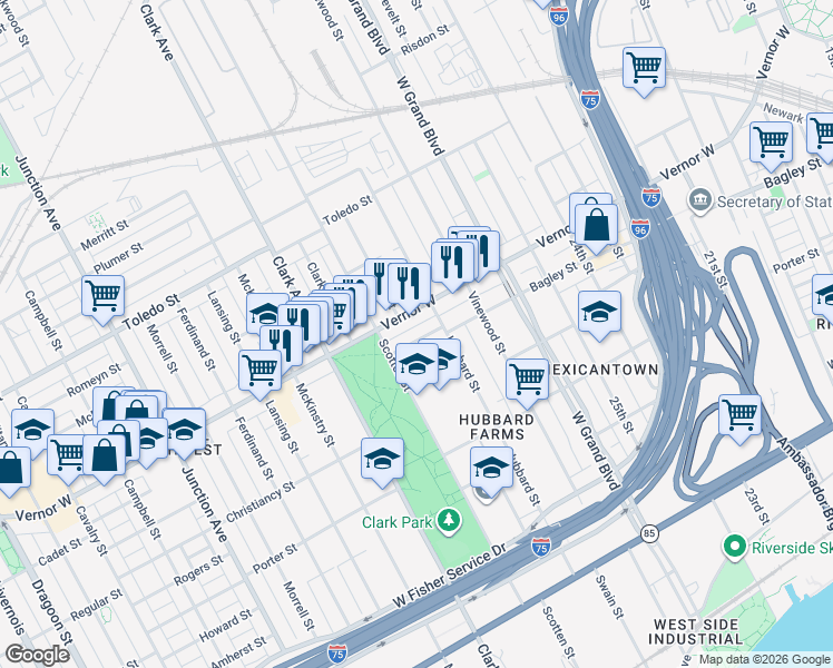 map of restaurants, bars, coffee shops, grocery stores, and more near 4054 Bagley St in Detroit