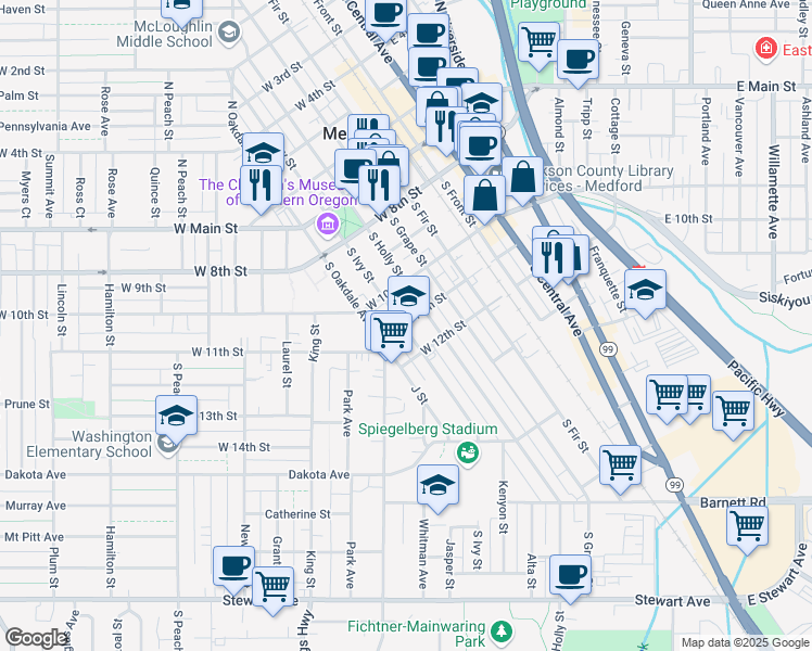 map of restaurants, bars, coffee shops, grocery stores, and more near 324 South Ivy Street in Medford