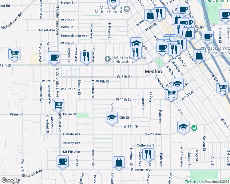 map of restaurants, bars, coffee shops, grocery stores, and more near 1003 West 10th Street in Medford
