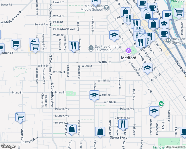 map of restaurants, bars, coffee shops, grocery stores, and more near 1031 West 10th Street in Medford