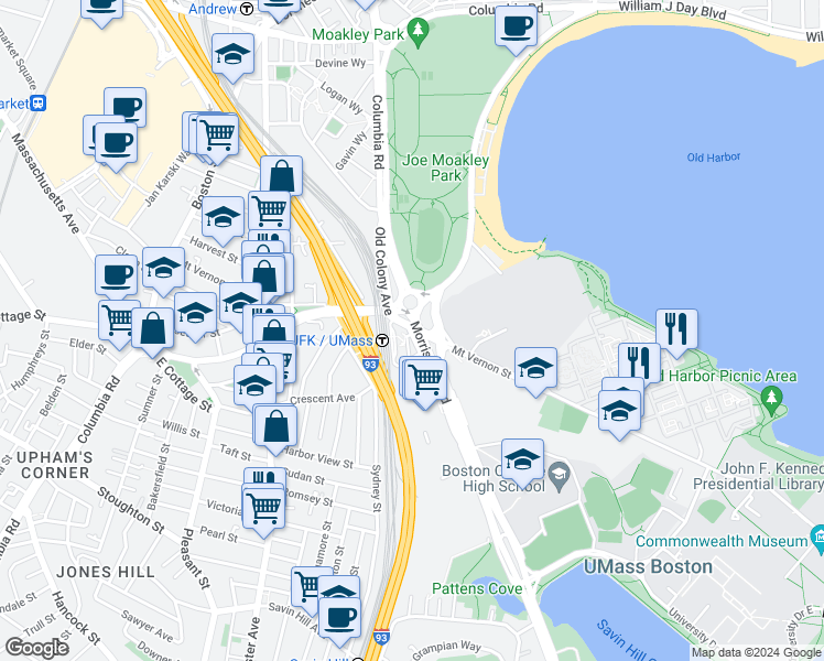 map of restaurants, bars, coffee shops, grocery stores, and more near 560 Morrissey Boulevard in Boston